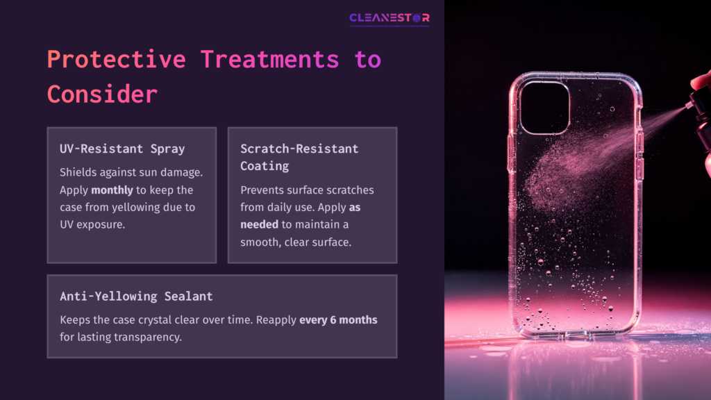 Clear Phone Case Being Sprayed With A Liquid Treatment, Set Against A Dark Background With Purple And Pink Accents. Text Highlights Care Tips.