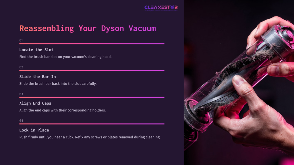 Steps For Reassembling A Dyson Vacuum, With Numbered Instructions In Purple And A Hand Holding A Partially Disassembled Vacuum Brush.