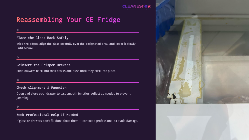 Close-Up View Of The Interior Of A Ge Fridge Showing A White Glass Shelf With Remnants, A Crisper Drawer Track, And Assembly Instructions.