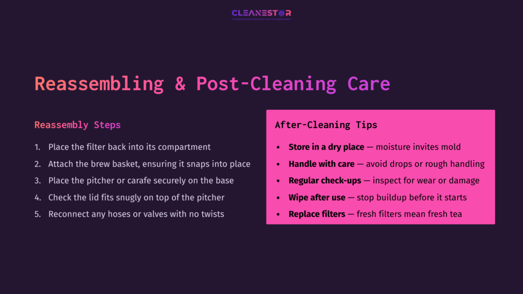 Instructions For Reassembling An Iced Tea Maker And Post-Cleaning Care Tips On A Dark Purple Background With Pink Highlights.