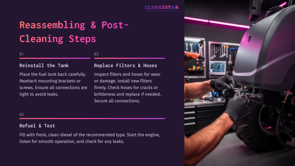 8 Reassembling And Post Cleaning Steps Instructions For Cleaning A John Deere Fuel Tank, With A Mechanic Inspecting Filters And Hoses In A Brightly Lit Workshop.