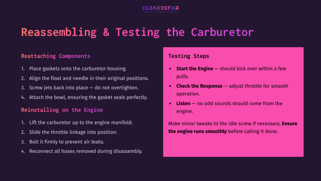 8 Reassembling And Testing The Carburetor Instructions In Purple And Pink Text On A Dark Background, Detailing The Reassembly And Testing Steps For A Carburetor.