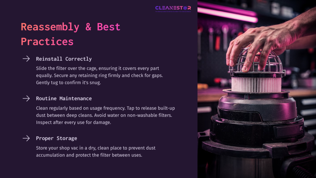 Hand Placing A Shop Vac Filter Back On A Black Vacuum, With A Purple-Lit Background. Text Outlines Reassembly And Maintenance Tips.