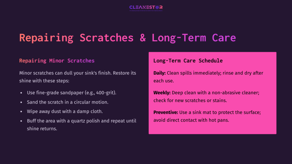 Text Instructions For Repairing Scratches On A Quartz Sink, Featuring A Purple Background With Sections On Minor Scratches And Long-Term Care.