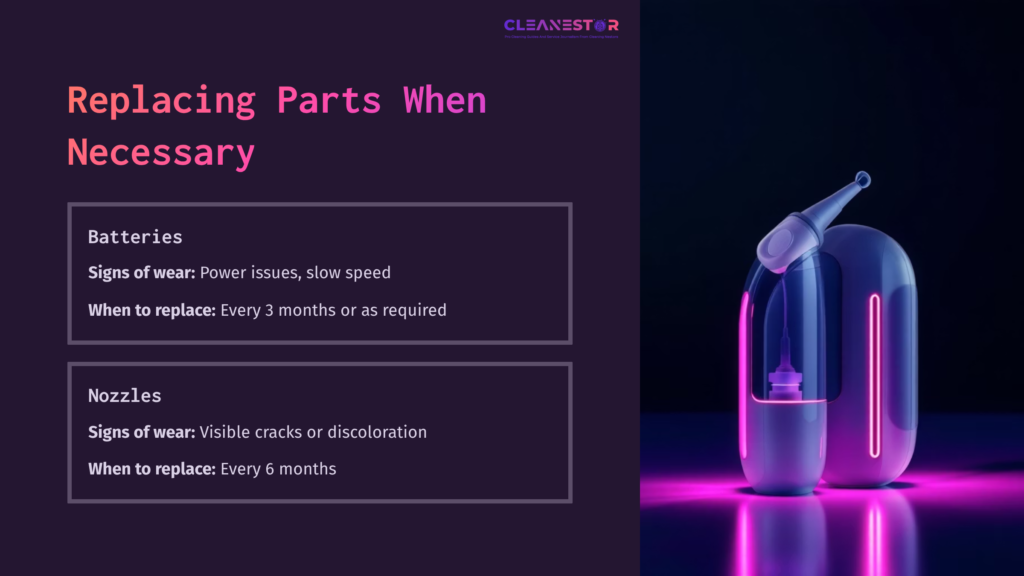 8 Replacing Parts When Necessary A Neilmed Sinugator Device On A Dark Background, With Glowing Purple Accents. Text Highlights Battery And Nozzle Replacement Tips.