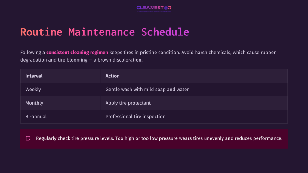 Routine Maintenance Schedule For Tire Care, Featuring A Purple Background With White And Pink Text Outlining Cleaning Actions And Notes.