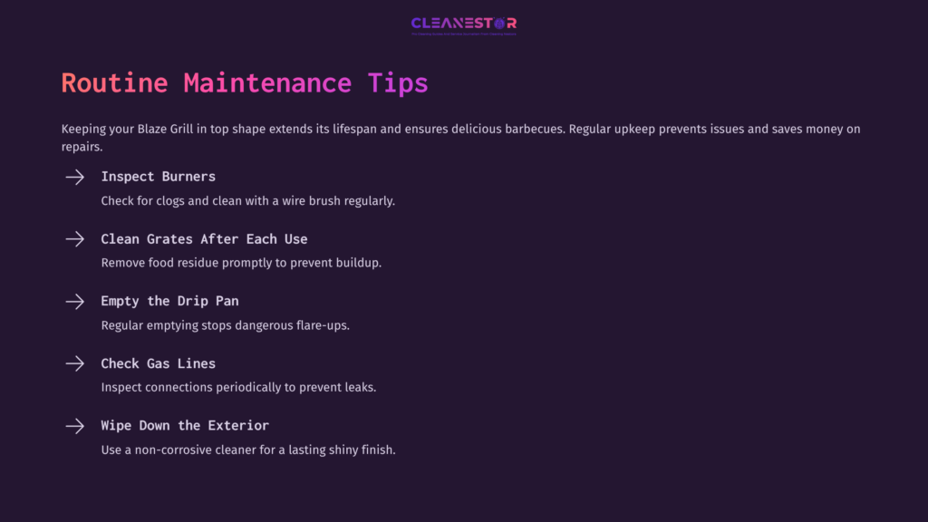 Dark Purple Background With White And Pink Text Outlining Routine Maintenance Tips For A Blaze Grill, Including Inspection And Cleaning Tasks.