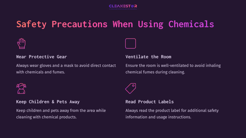 8 Safety Precautions When Using Chemicals Safety Precautions For Cleaning With Chemicals, Featuring Bold Headings And Icons On A Dark Background, Emphasizing Protective Gear And Ventilation.