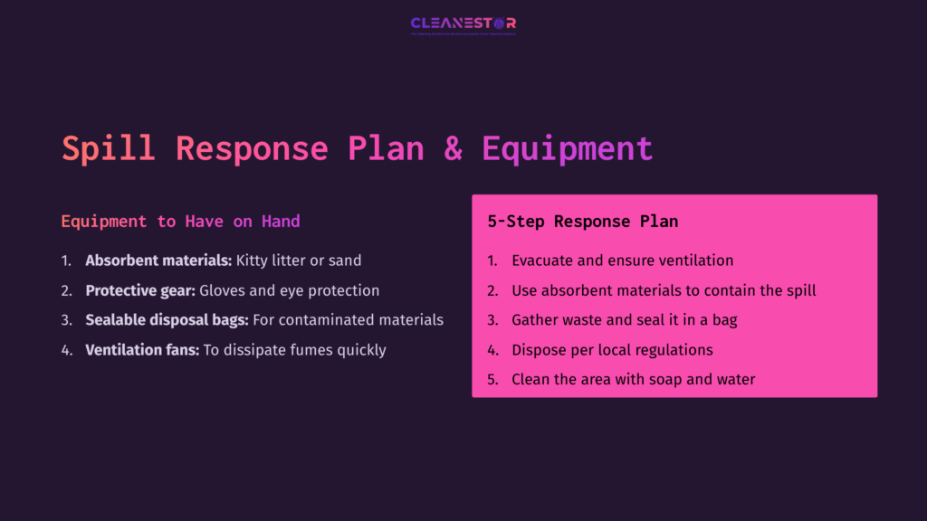 Text On A Dark Purple Background Outlines A Spill Response Plan And Equipment, Featuring Bullet Points In White And Pink.
