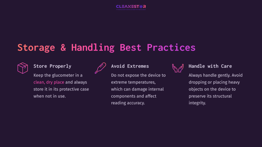 8 Storage And Handling Best Practices Tips On Glucometer Storage And Handling, With Vibrant Icons And Text On A Dark Background Emphasizing Care And Accuracy.