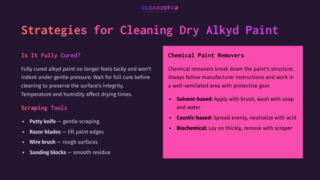 8 Strategies For Cleaning Dry Alkyd Paint Text On A Split Background: Left In Purple Listing Strategies For Cleaning Dry Alkyd Paint, Right In White Detailing Chemical Paint Removers.