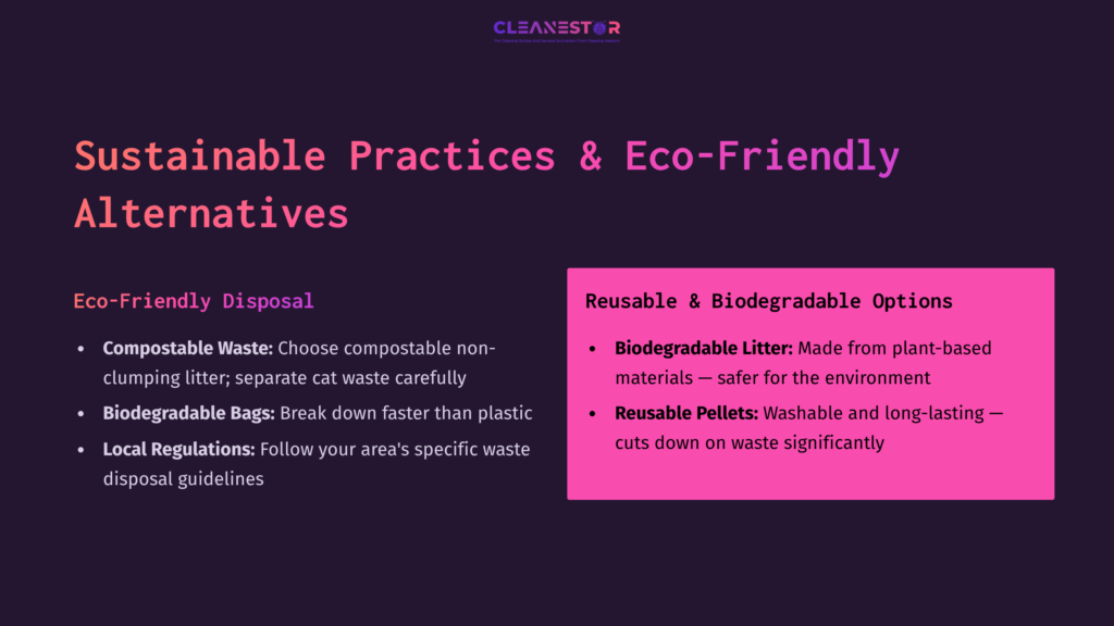 Colorful Infographic Listing Sustainable Litter Disposal Practices, Featuring Sections On Compostable Waste, Biodegradable Options, And Local Regulations.