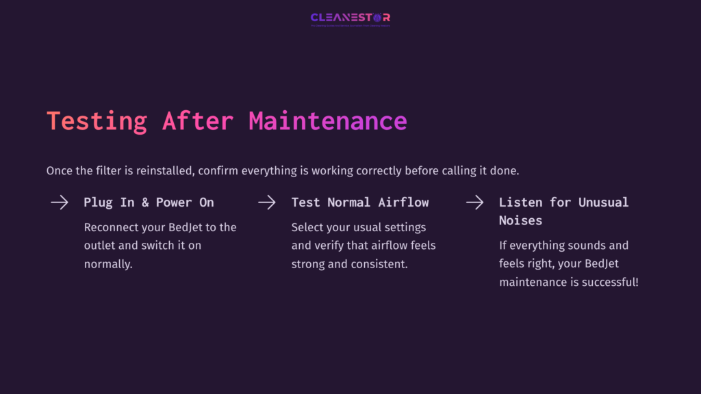 Instructions For Bedjet Maintenance, Featuring Three Steps In White Text On A Dark Purple Background: Plug In, Test Airflow, And Listen For Noises.