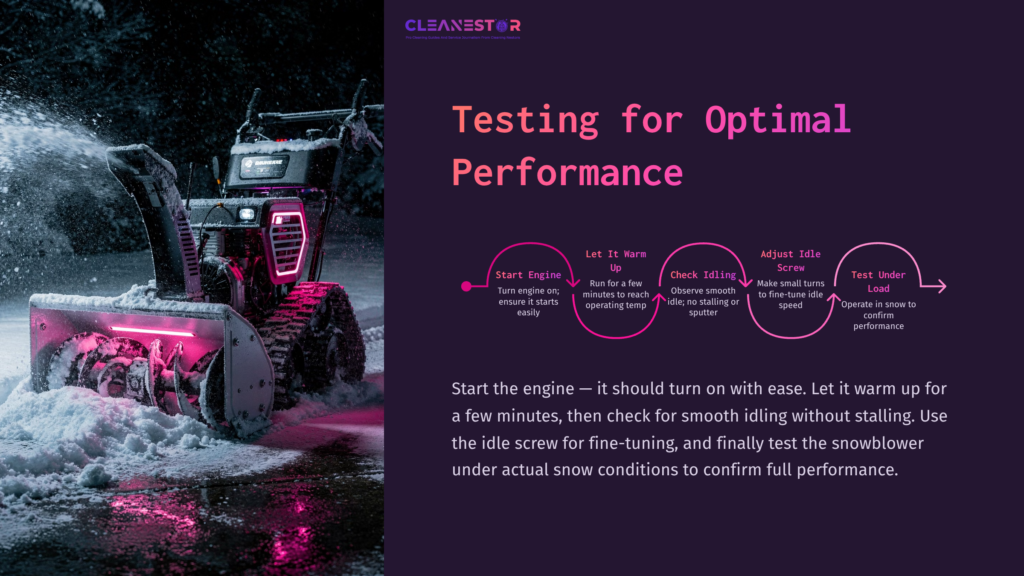 A Snowblower With A Bright Light Illuminates The Snowy Ground, Surrounded By A Dark Purple Background And Text Instructions.