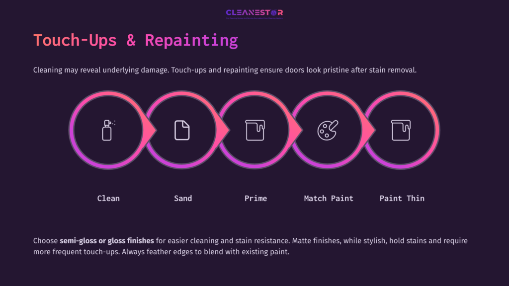 Graphic Illustrating The Steps For Cleaning And Repainting Doors: Clean, Sand, Prime, Match Paint, Paint, With Icons And Text In A Vibrant Layout.