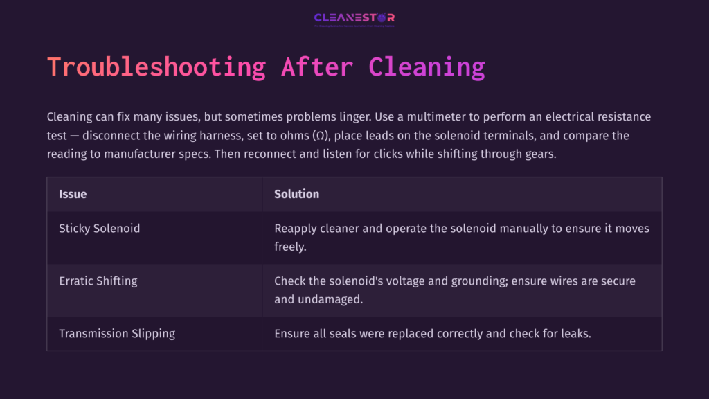 8 Troubleshooting After Cleaning Troubleshooting Guide With Purple And White Text Outlining Issues Related To Cleaning A Shift Solenoid, Including Solutions.