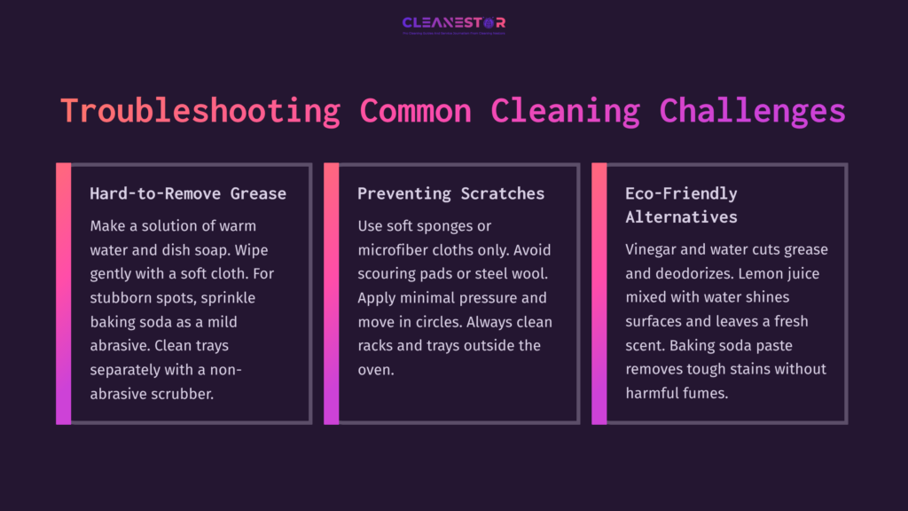 Three Sections On A Dark Background Offer Cleaning Tips: &Quot;Removing Grease,&Quot; &Quot;Preventing Scratches,&Quot; And &Quot;Eco-Friendly Alternatives,&Quot; Each With Distinct Headings And Visual Elements.