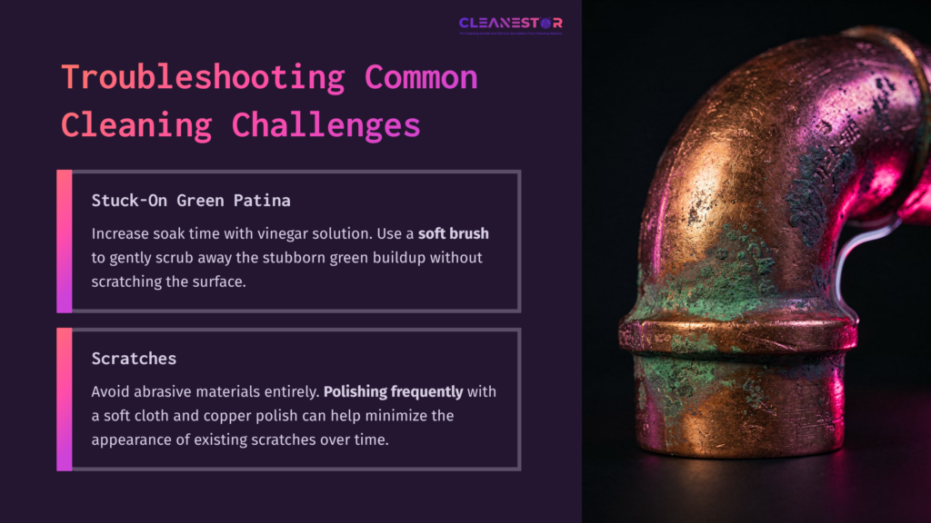 A Tarnished Copper Pipe With A Green Patina, Accompanied By Tips For Cleaning, Featuring Bold Text On A Dark Background.