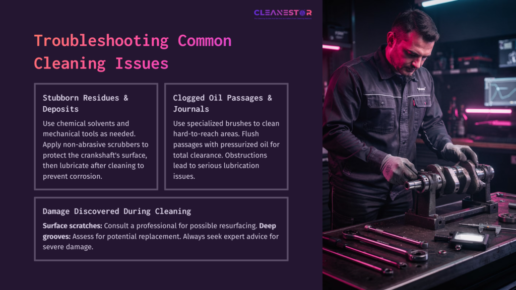 A Mechanic Inspects Tools And Parts In A Workshop, With Vibrant Pink And Purple Lighting Creating A Focused Atmosphere On Crankshaft Cleaning Tips.