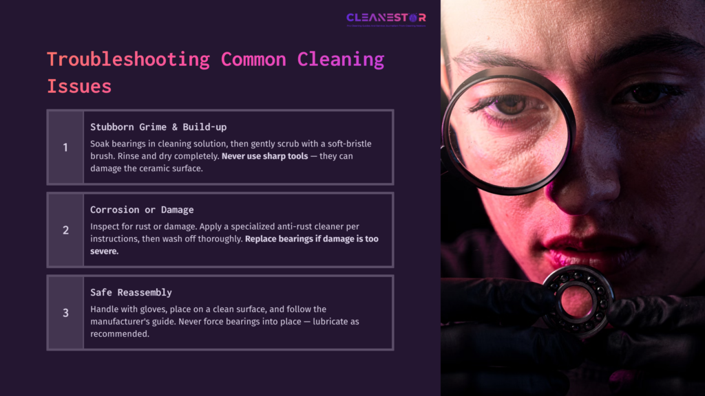 A Person Inspecting A Ceramic Bearing With A Magnifying Glass, Surrounded By Cleaning Tips In Purple And White Text.