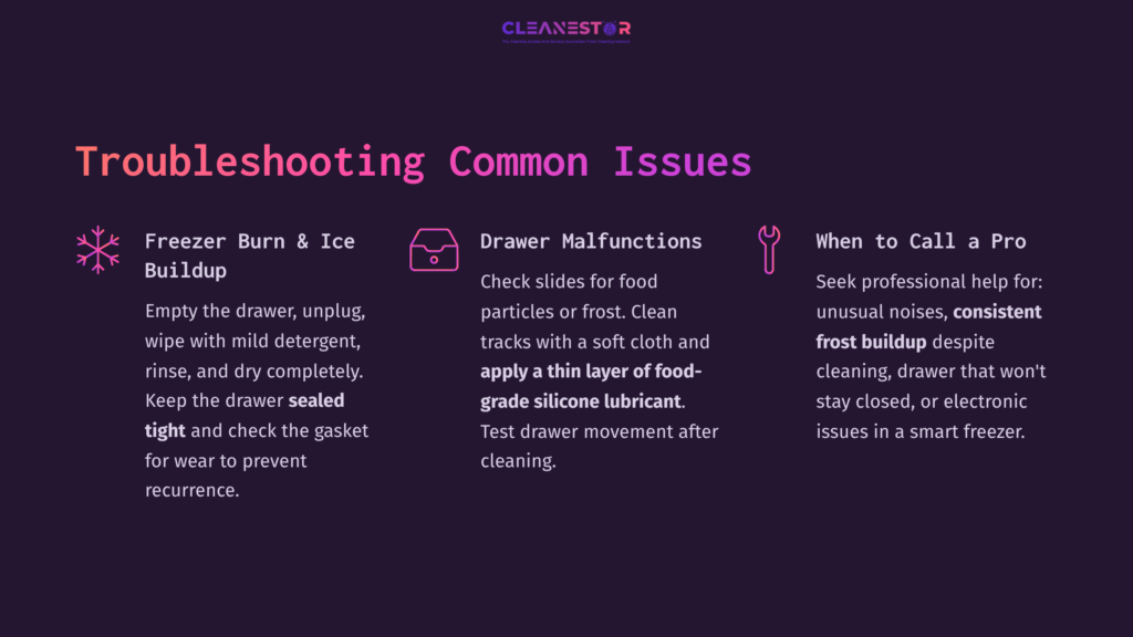 8 Troubleshooting Common Issues 1 Purple Background With White And Pink Text Detailing Troubleshooting Tips For Freezer Issues, Including Drawer Malfunctions And Ice Buildup.