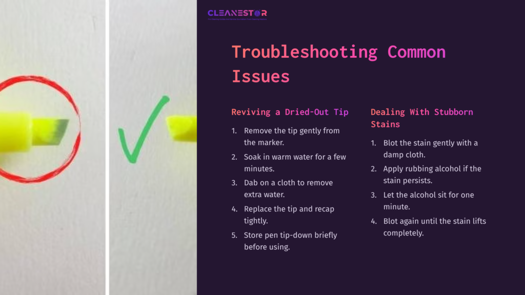 A Dried-Out Highlighter Tip Next To A Green Check Mark, With Cleaning Instructions In Purple Text On A Dark Background.