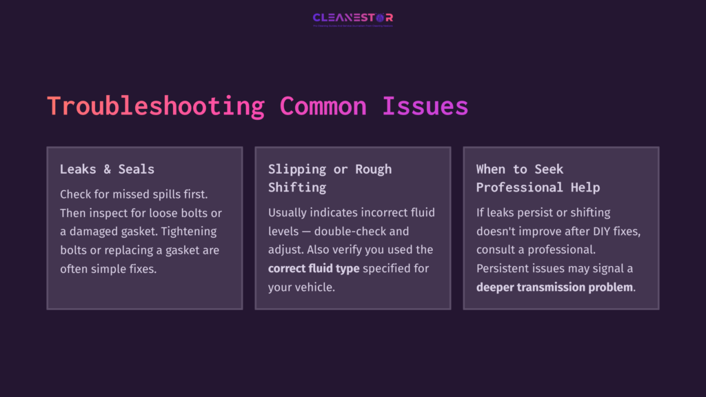 Three Sections With Purple Background; First Shows Tips On Leaks And Seals, Second Addresses Slipping Issues, Third Advises When To Seek Help.