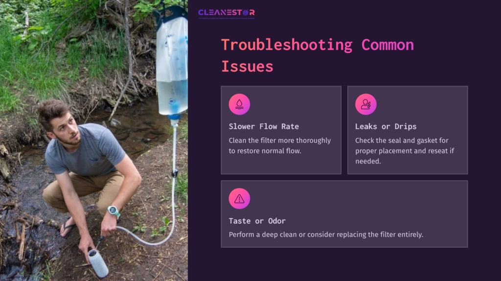 A Person Kneels By A Stream, Using A Katadyn Befree Water Filter. Text Beside Them Lists Troubleshooting Tips For Common Issues.