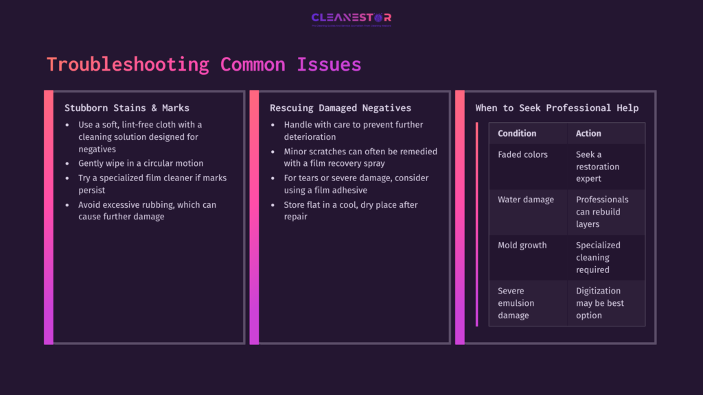 Three Columns On A Dark Purple Background Detailing Troubleshooting For Cleaning Film Negatives, Including Issues, Solutions, And When To Seek Help.