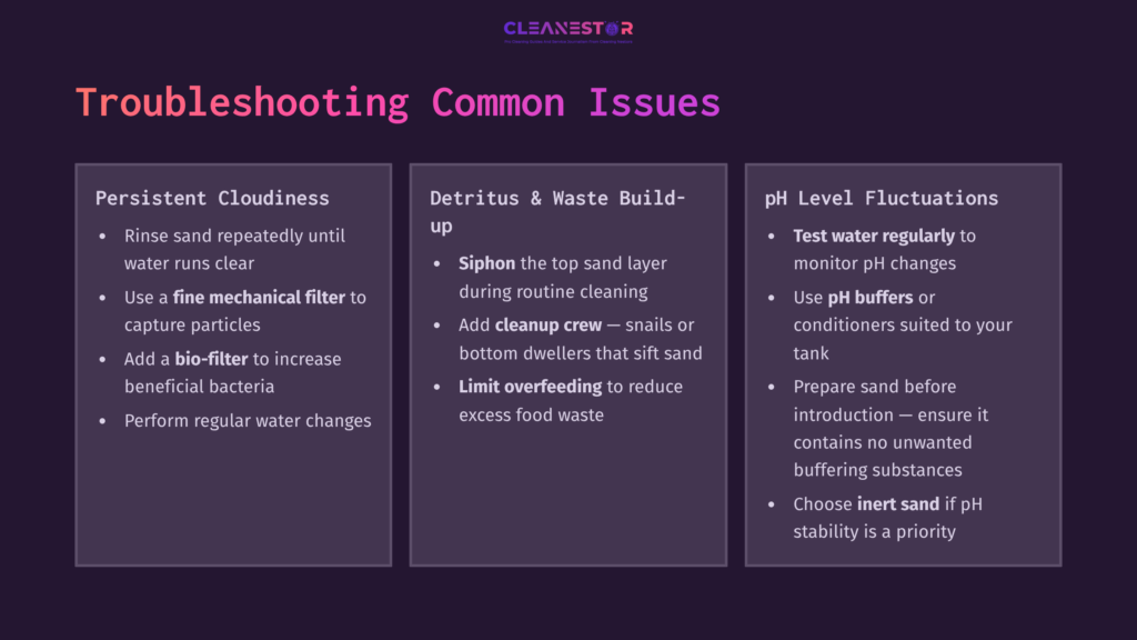 A Purple Background With White Text Outlines Troubleshooting Tips For Cleaning Play Sand, Focusing On Cloudiness, Waste Build-Up, And Ph Levels.