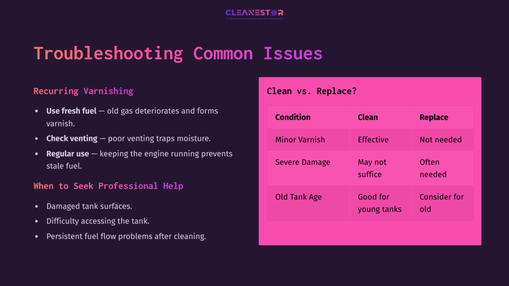 A Troubleshooting Guide On Varnish Issues In Gas Tanks, Featuring A Pink Box With Cleaning Conditions And Advice, And A Dark Background.