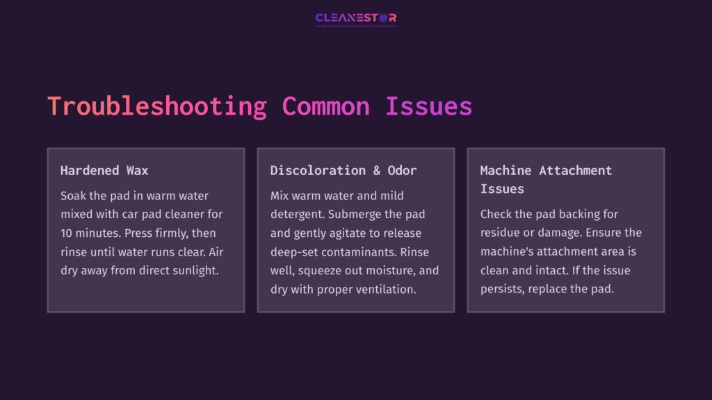 Three Troubleshooting Tips For Car Wax Buffer Pads On A Dark Purple Background: &Quot;Hardened Wax,&Quot; &Quot;Discoloration &Amp; Odor,&Quot; And &Quot;Machine Attachment Issues.&Quot;