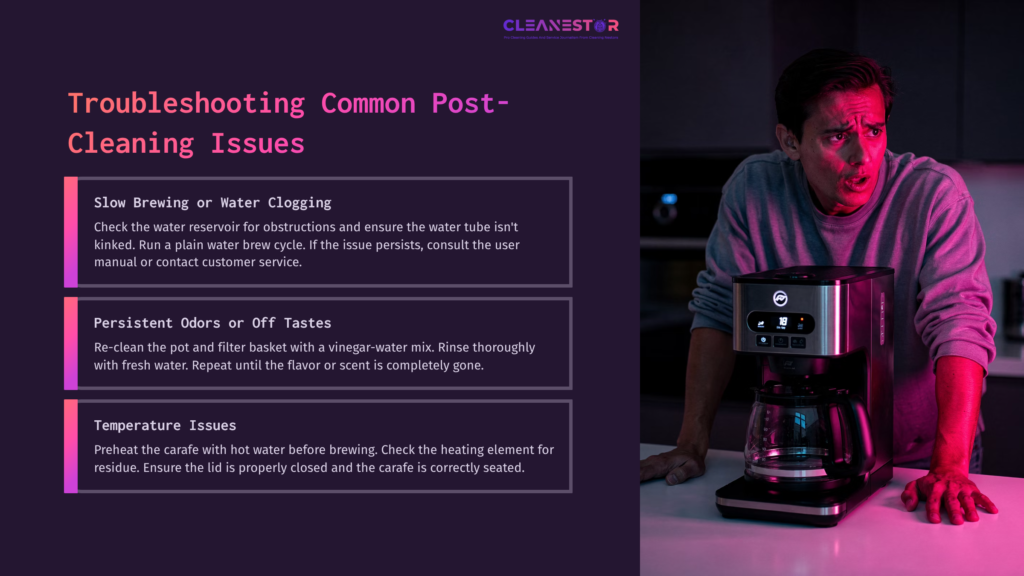 8 Troubleshooting Common Post Cleaning Issues 1 A Man Looks Concerned While Examining A Black And Decker Thermal Coffee Maker On A Countertop, With Troubleshooting Tips Displayed Beside Him.