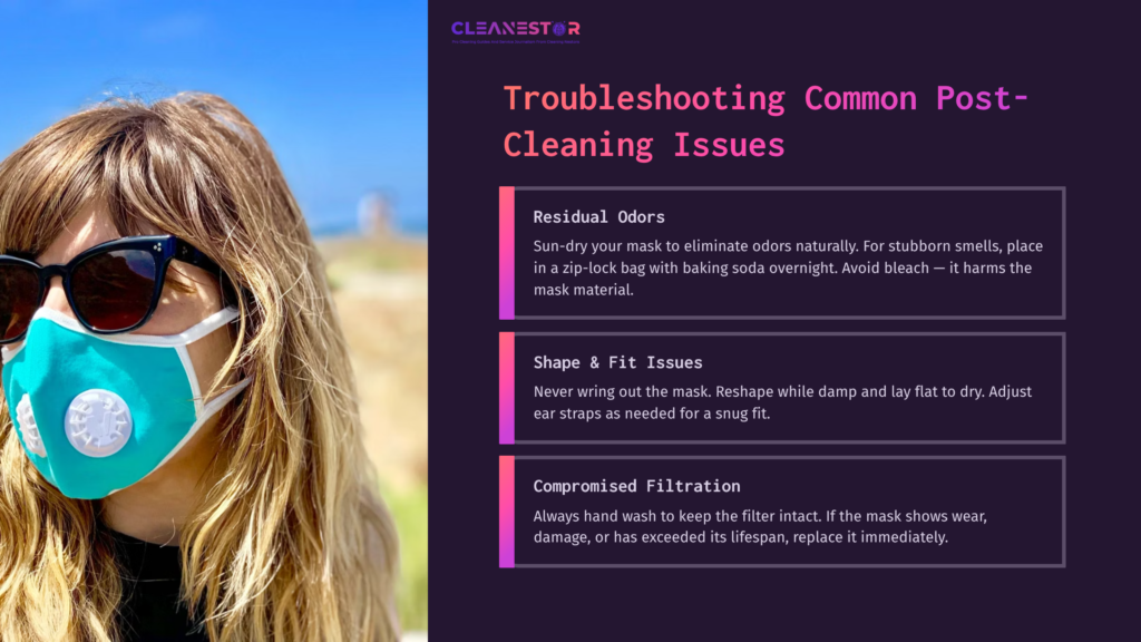 A Woman Wears A Colorful Mask Outdoors, With A Blurred Natural Background. Text Outlines Common Post-Cleaning Issues For Masks.
