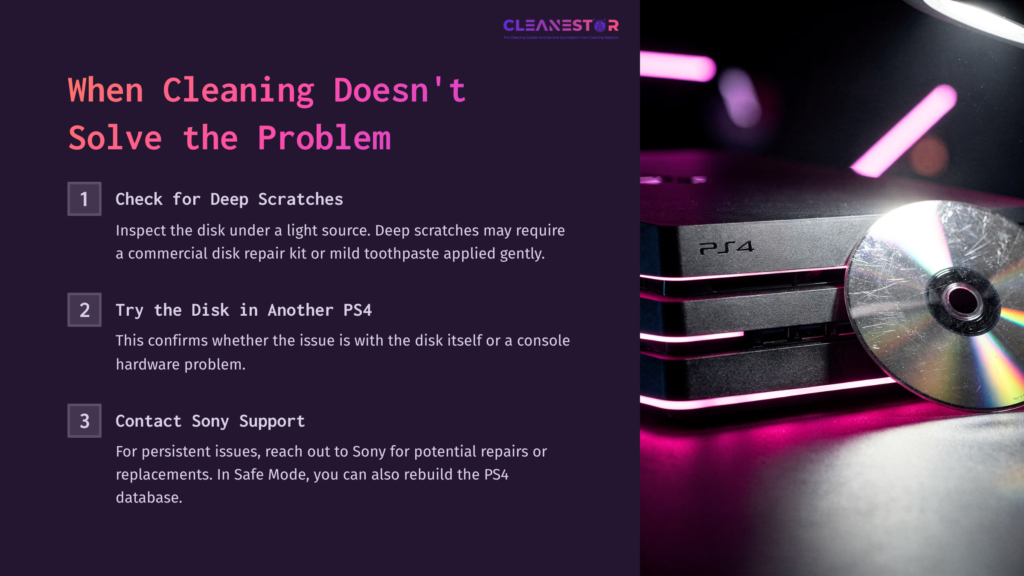 8 When Cleaning Doesnt Solve The Problem Close-Up Of A Black Ps4 Console With Pink Ambient Lighting, Featuring Text On Cleaning Steps For Disk Issues And Troubleshooting.