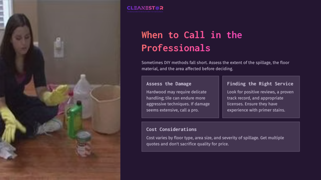 A Woman Cleaning A Floor With Cleaning Supplies, Including Spray Bottles And Cloths, Near A Purple Background With Text About Hiring Professionals.