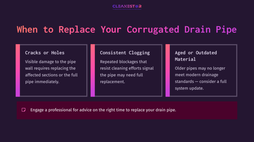 Text On A Dark Purple Background With Three Sections Highlighting When To Replace A Corrugated Drain Pipe, Featuring Icons For Each Point.
