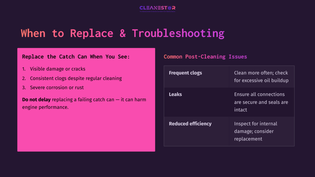 Bright Pink Box Highlights Conditions For Replacing An Oil Catch Can. Dark Purple Background With Text Outlining Troubleshooting Issues.