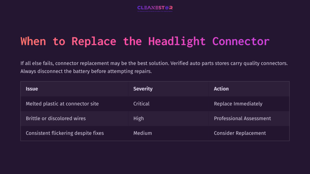 8 When To Replace The Headlight Connector Table Outlining When To Replace Headlight Connectors, Detailing Issues, Severity, And Recommended Actions, On A Dark Purple Background.