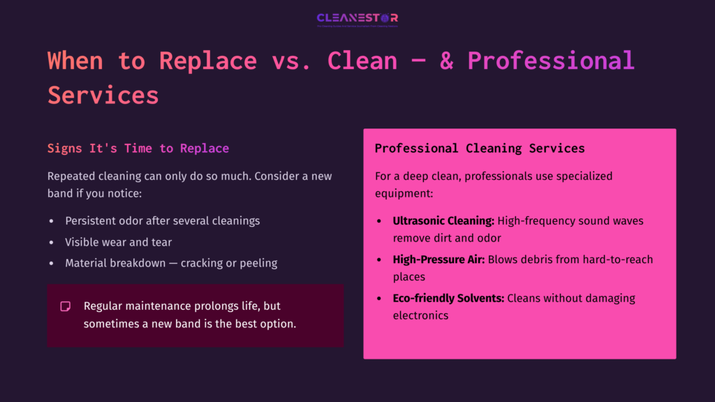 Infographic Detailing When To Replace Fitbit Bands Versus Clean Them, Featuring Purple And Pink Backgrounds With Cleaning Service Options Listed.
