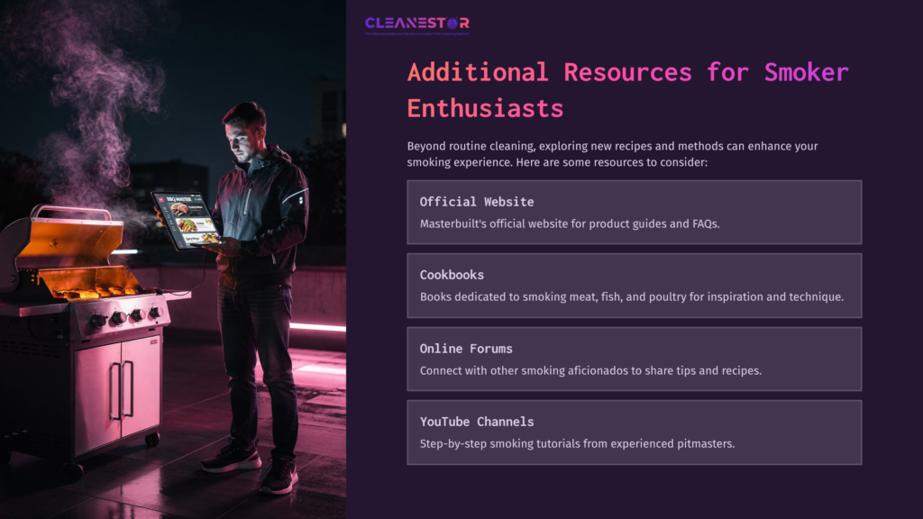 A Man Stands Next To A Masterbuilt Smoker With A Laptop, Highlighting Additional Resources Like Cookbooks And Online Forums For Smoking Enthusiasts.