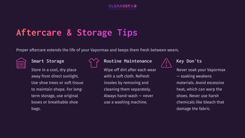 Aftercare And Storage Tips For Vapormax: Includes Storage Advice, Routine Maintenance, And Key Don'Ts, With Clear Section Icons And Headings.