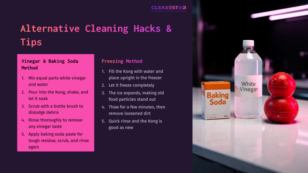 9 Alternative Cleaning Hacks And Tips A Countertop With A Bottle Of White Vinegar, A Box Of Baking Soda, And A Scrub Brush, Alongside A List Of Cleaning Tips For A Kong Toy.