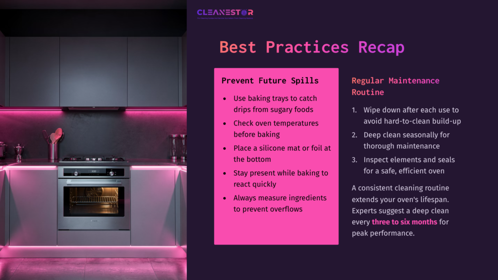 Modern Kitchen With A Sleek Oven, Dark Cabinets, And Pink Accent Lighting. Text Highlights Best Practices For Cleaning Burnt Sugar.