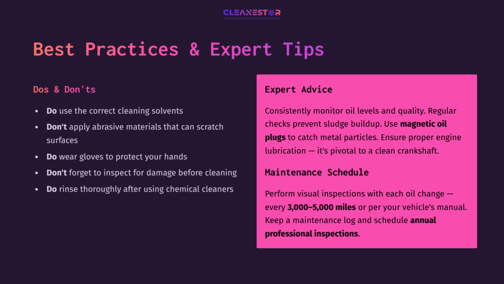 Best Practices And Tips For Cleaning A Crankshaft, With Sections On Dos And Don’ts, Expert Advice, And Maintenance Schedule In Purple And Pink Layout.