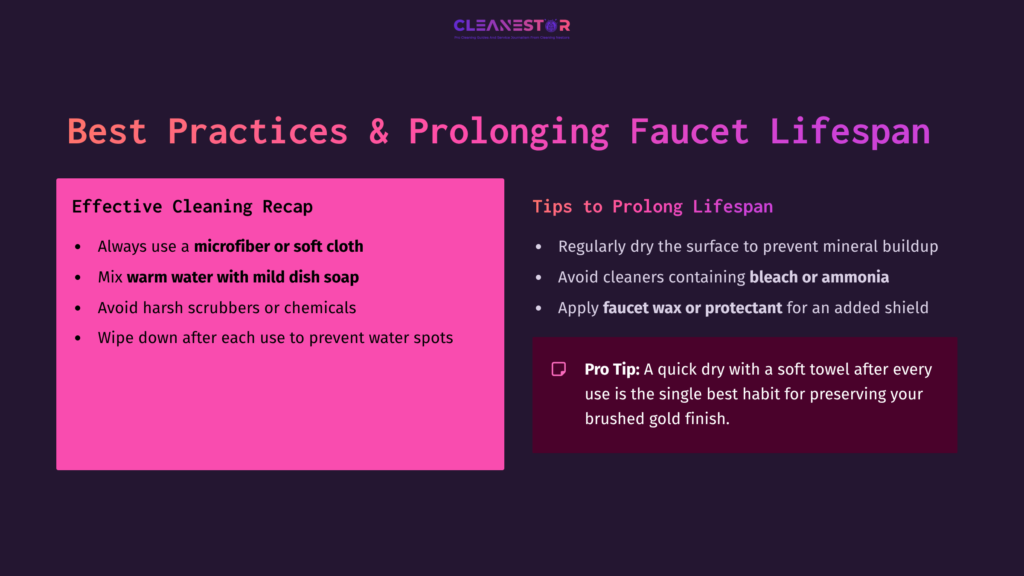 Bright Pink And Dark Purple Graphic Listing Cleaning Tips For Brushed Gold Faucets, Featuring A Recap And Lifespan Tips In Clear Text Layout.
