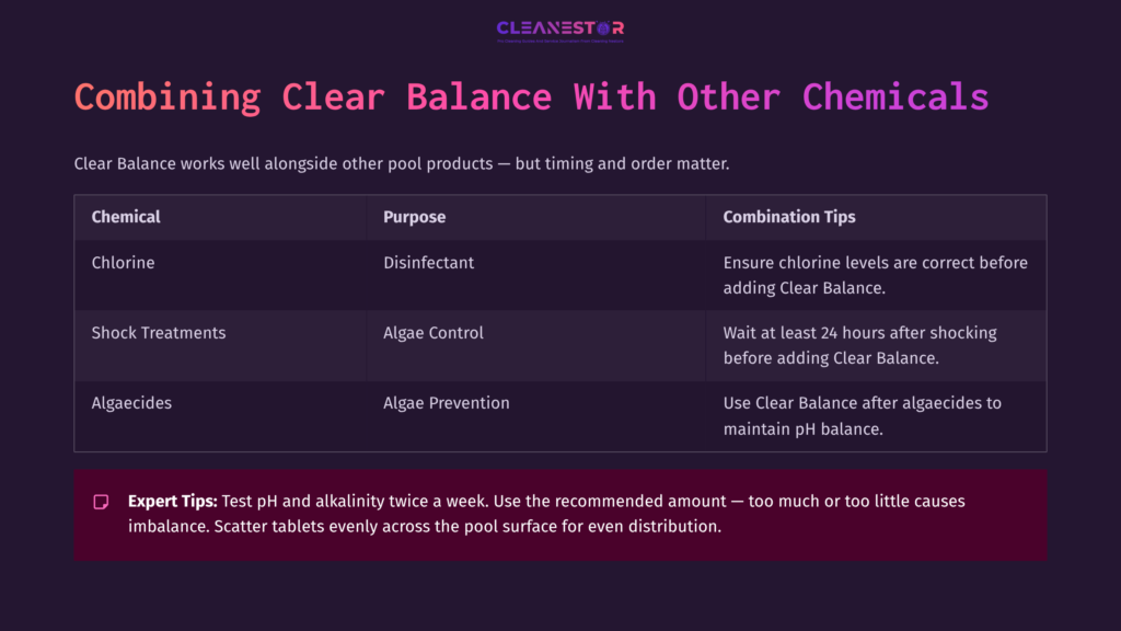 Graphic With Instructions On Using Arm And Hammer Clear Balance, Featuring Sections On Purpose, Combination Tips, And Expert Tips With A Dark Background.