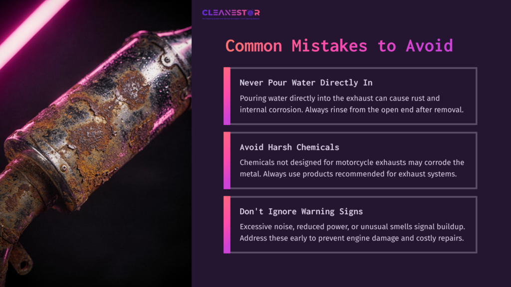 9 Common Mistakes To Avoid 1 Close-Up Of A Motorcycle Exhaust Pipe With Purple And Pink Lighting, Accompanied By Tips On Maintenance Mistakes To Avoid.