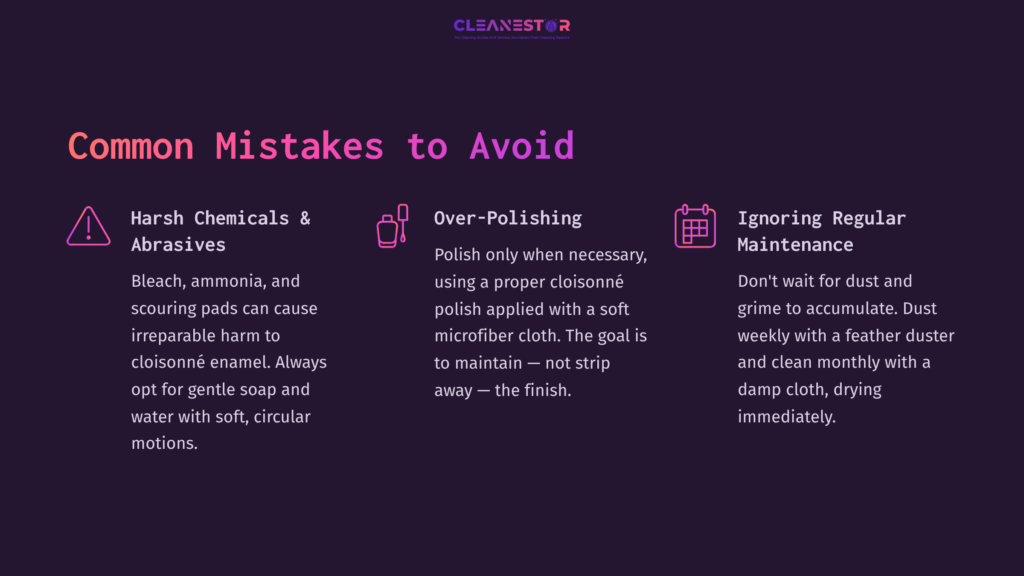 Text On A Dark Purple Background Lists Common Mistakes To Avoid When Cleaning Cloisonné. Includes Categories Like &Quot;Harsh Chemicals&Quot; And &Quot;Over-Polishing.&Quot;