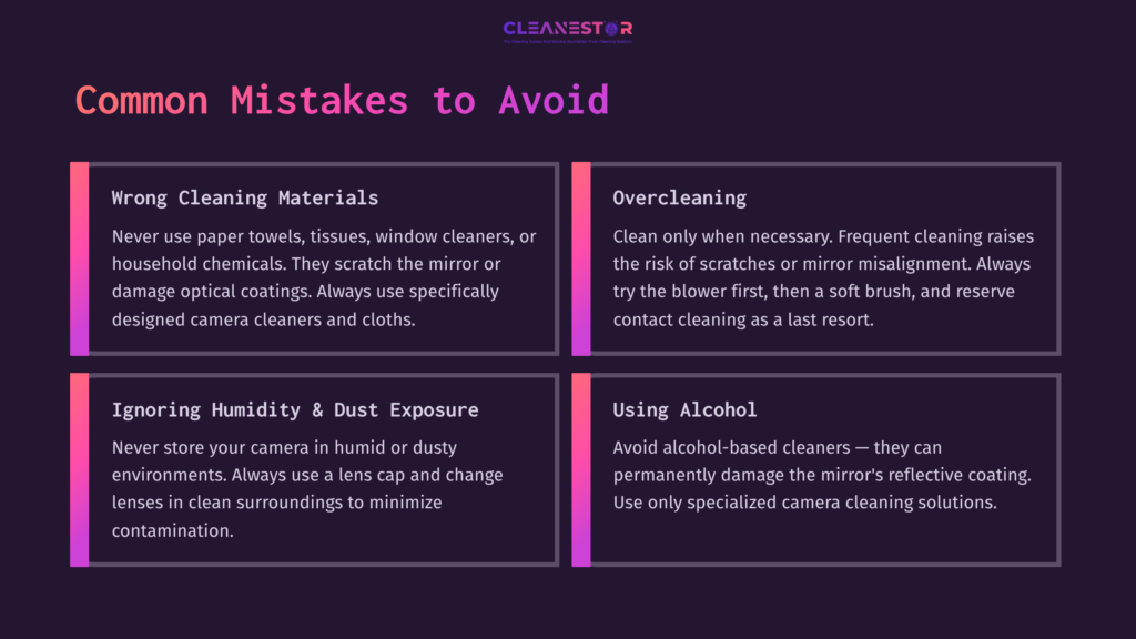 Graphic With A Dark Purple Background Featuring Text In White And Pink Boxes Outlining Common Camera Cleaning Mistakes, Including Visuals For Each Point.